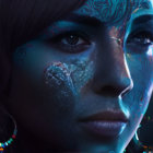 Surreal portrait of woman with neon blue and purple patterns