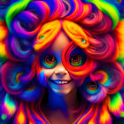 Colorful digital artwork: Smiling face in rainbow fur with peacock feather patterns