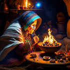 Person in traditional attire lighting item by fire with indigenous artifacts