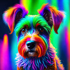 Multicolored Fur Dog on Neon Background with Blues, Greens, & Oranges