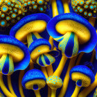 Colorful stylized mushrooms with blue and gold patterns in digital art