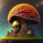 Colorful fractal mushroom artwork with glowing patterns and light orbs on dark background