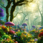 Fantastical forest scene with oversized colorful mushrooms and twisted trees in ethereal sunlight.