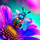 Colorful Bee Pollinating Purple Flower on Teal and Pink Background