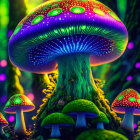 Luminescent oversized mushrooms in neon-lit forest