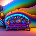 Colorful Psychedelic Digital Artwork with Ornate Sofa and Surreal Landscape