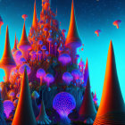 Fantastical mushroom forest with castle under starry sky