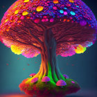 Colorful digital artwork: stylized tree, neon leaves, fluorescent mushrooms, dark background