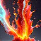 Colorful digital artwork: Stylized flames in orange, red, and yellow with blue swirl.