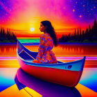 Woman in Canoe on Vibrant Multicolored Lake at Sunset