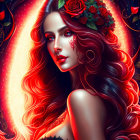 Vibrant artwork: Woman with flowing red hair and roses on dark, floral backdrop