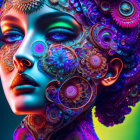 Colorful face artwork with mechanical and floral patterns in blue, purple, and pink