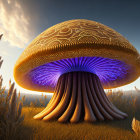 Colorful Mushroom with Peacock Feather Patterns in Golden Field and Blue Sky