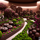 Chocolate garden with candy plants and brown sky