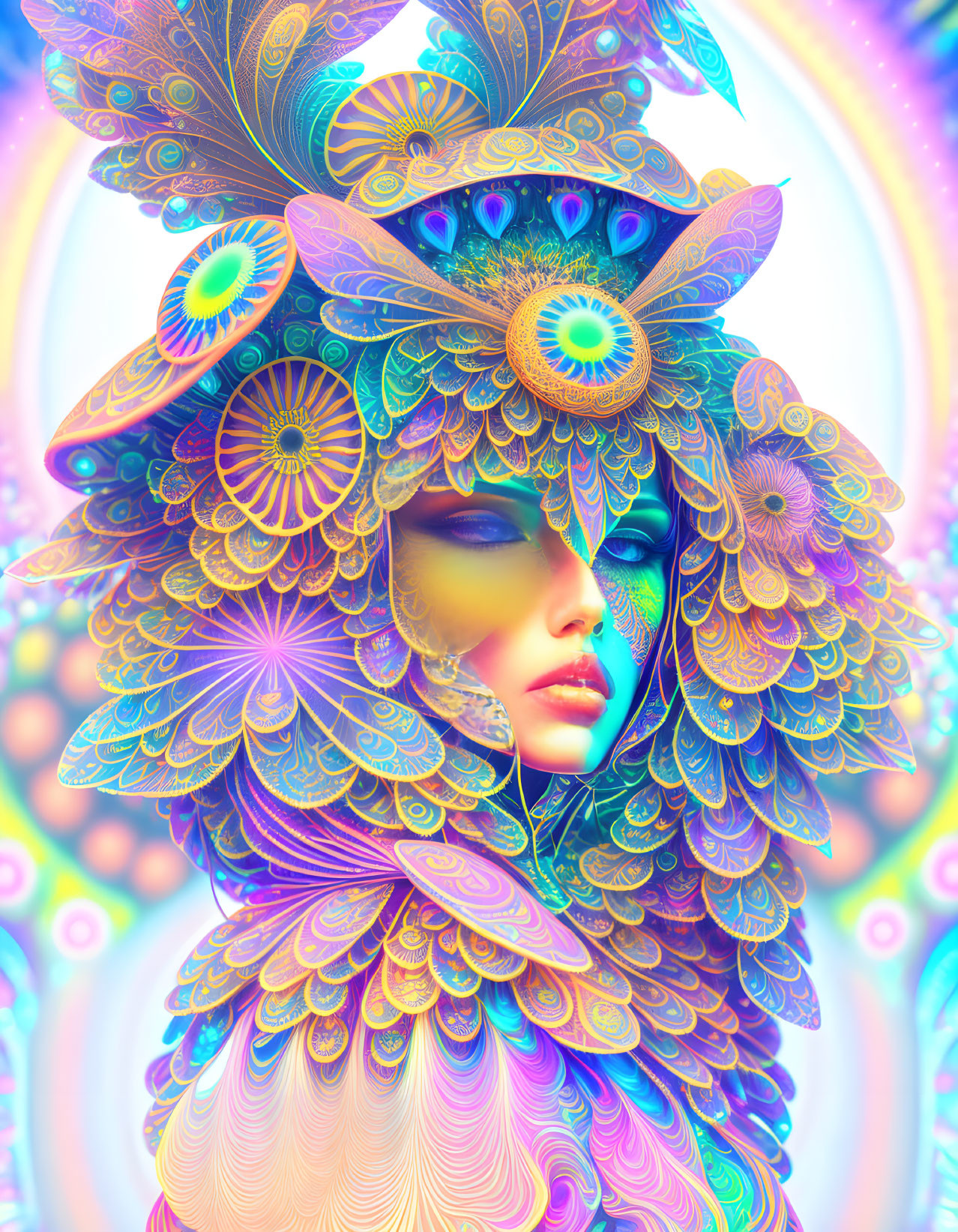 Colorful digital artwork: Woman with peacock feather headdress on vibrant background