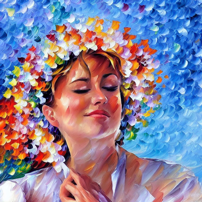 Woman with floral crown in serene impressionistic painting