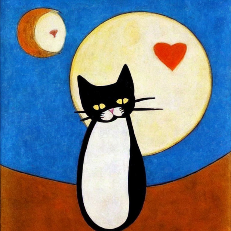 Stylized black and white cat with moon, sun, and heart in sky