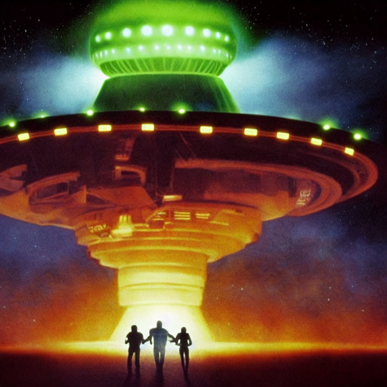 Brightly Lit UFO with Green and Orange Lights Hovering Above Silhouetted Figures