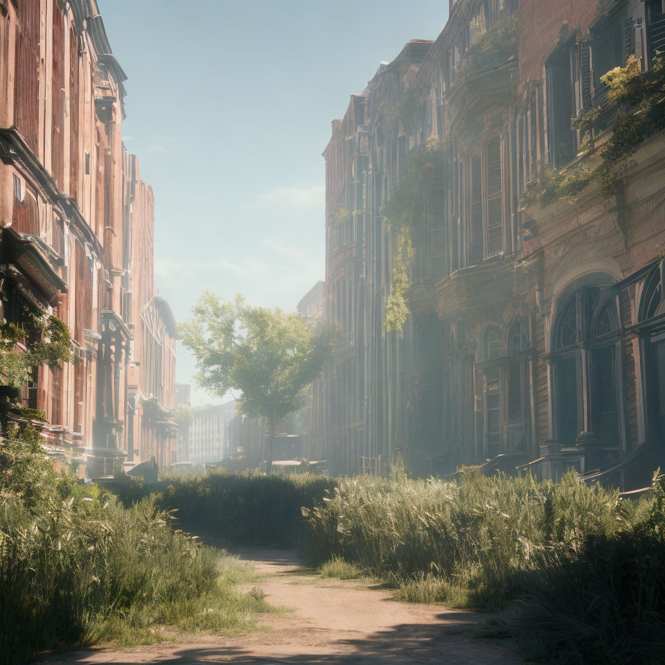 Abandoned classical buildings surrounded by lush greenery