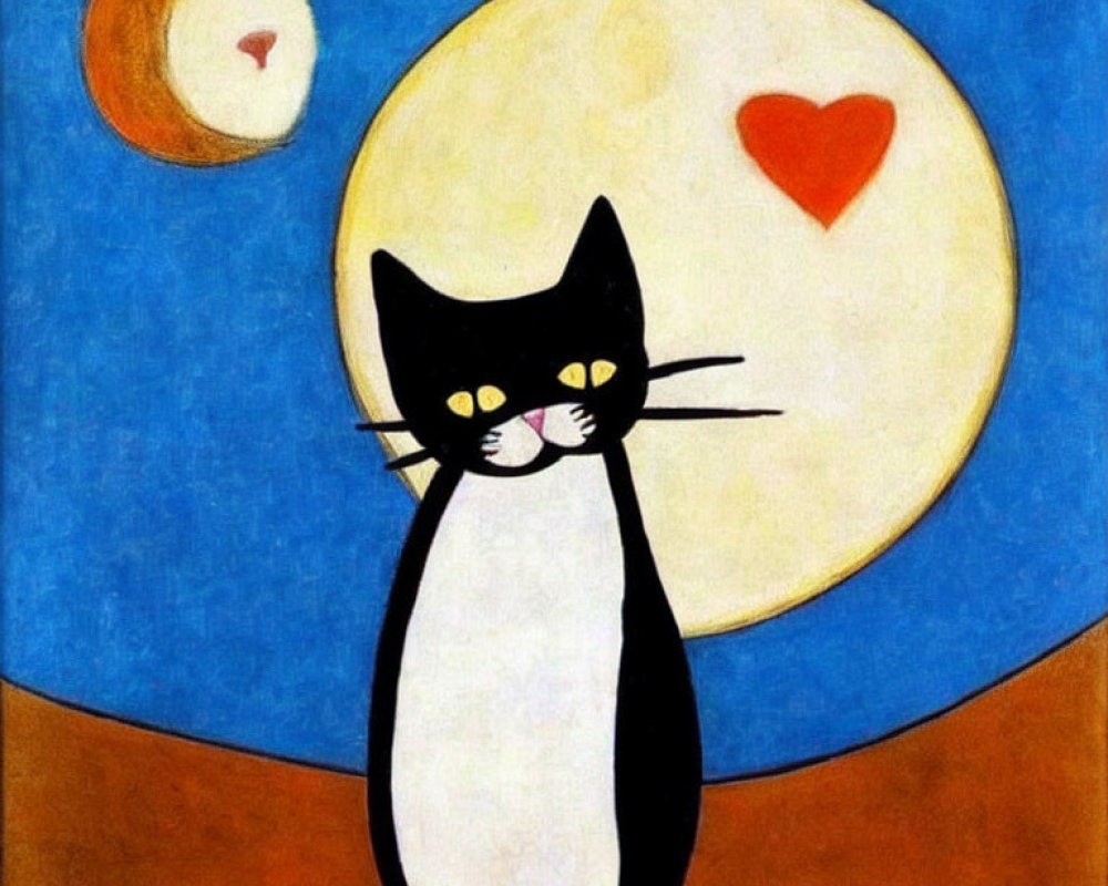 Stylized black and white cat with moon, sun, and heart in sky