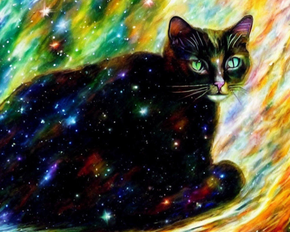 Colorful Cat Artwork with Cosmic Galaxy Motif and Starry Details