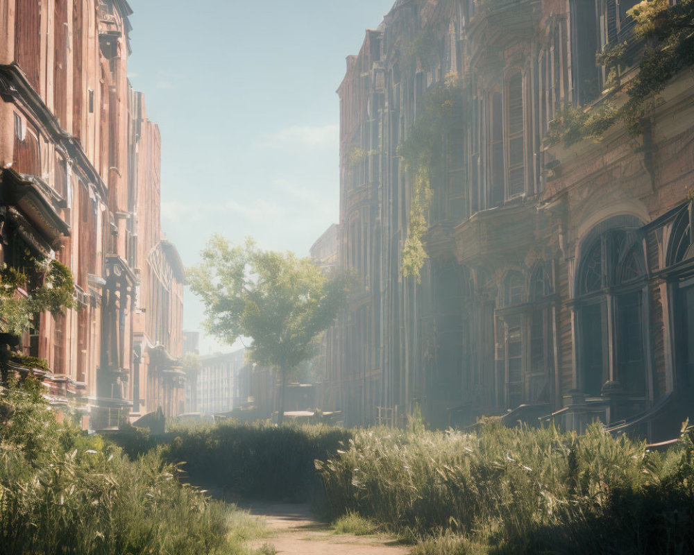 Abandoned classical buildings surrounded by lush greenery