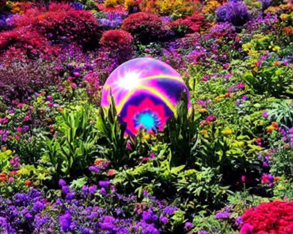 Colorful iridescent bubble in vibrant garden with purple, red, and green flowers