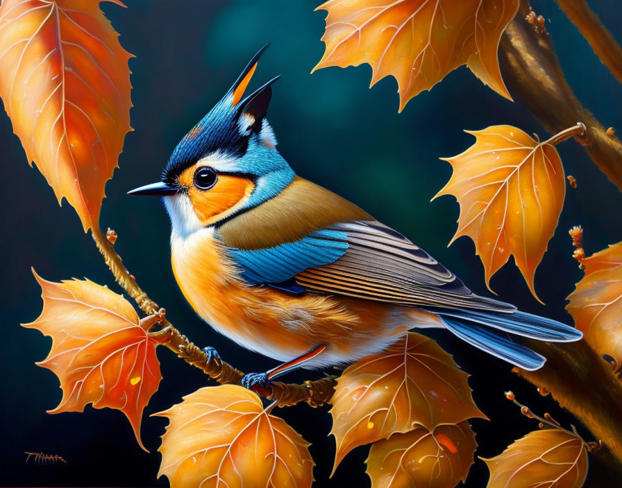 Colorful Bird with Blue Wings Perched on Branch Among Orange Leaves