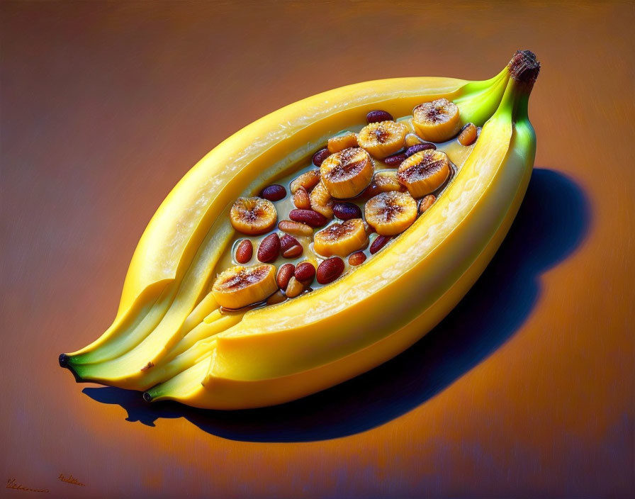 Realistic painting of bananas with peeled slice and nuts, surreal twist