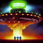 Brightly Lit UFO with Green and Orange Lights Hovering Above Silhouetted Figures