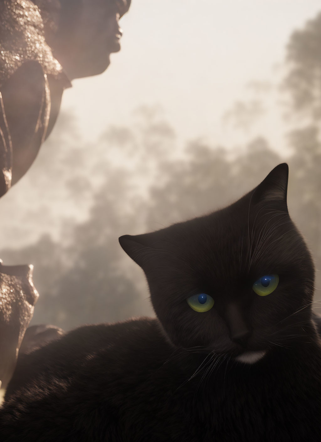 Black cat with blue eyes sitting near blurred figure and trees in foggy background