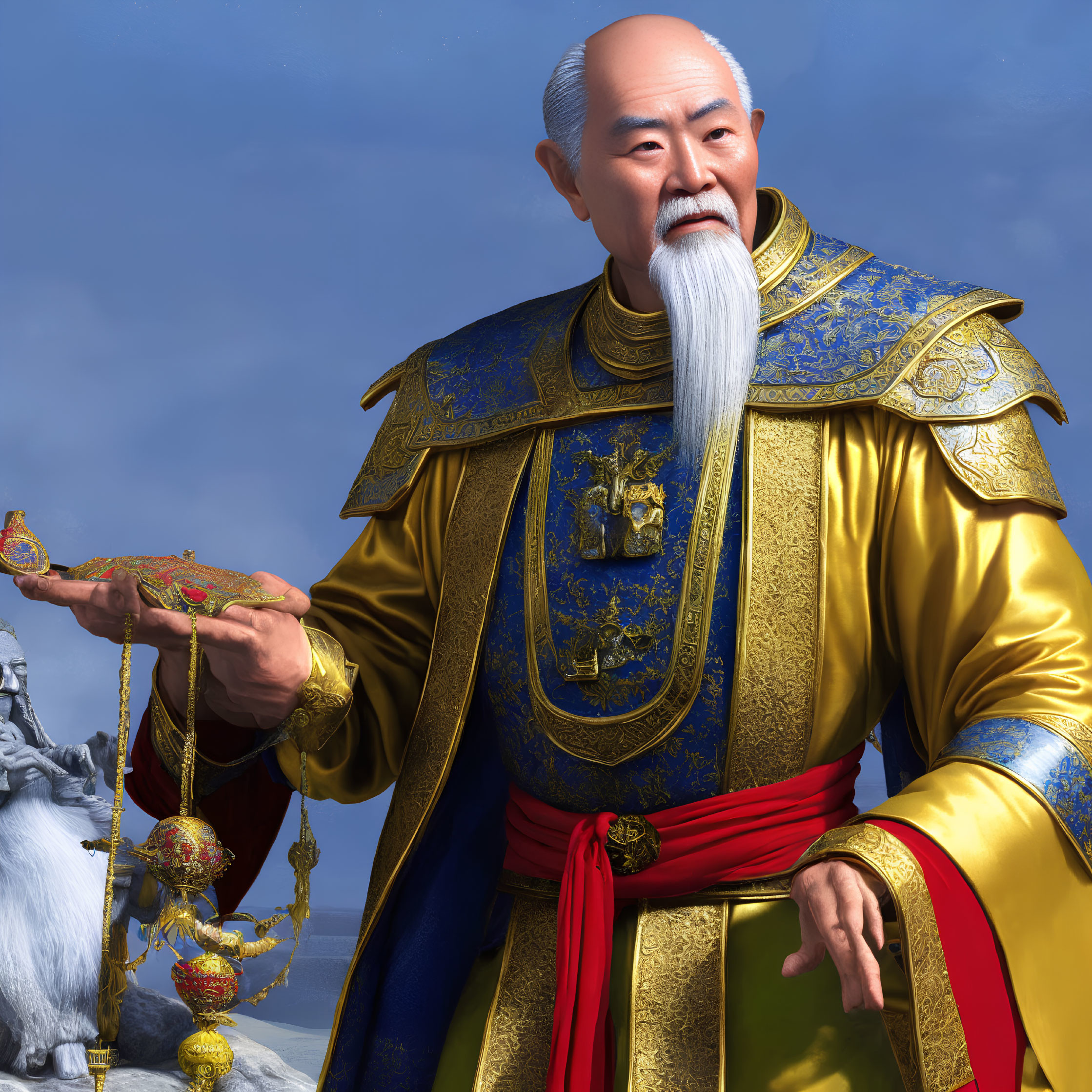 Elder man in royal blue and gold attire with white beard, holding beads, against cloudy sky