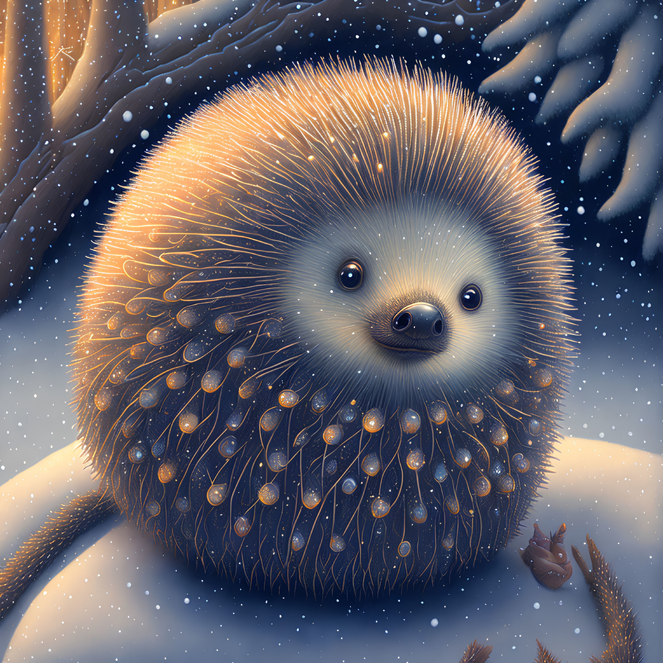 Illustration of a hedgehog with sparkling spines in falling snowflakes