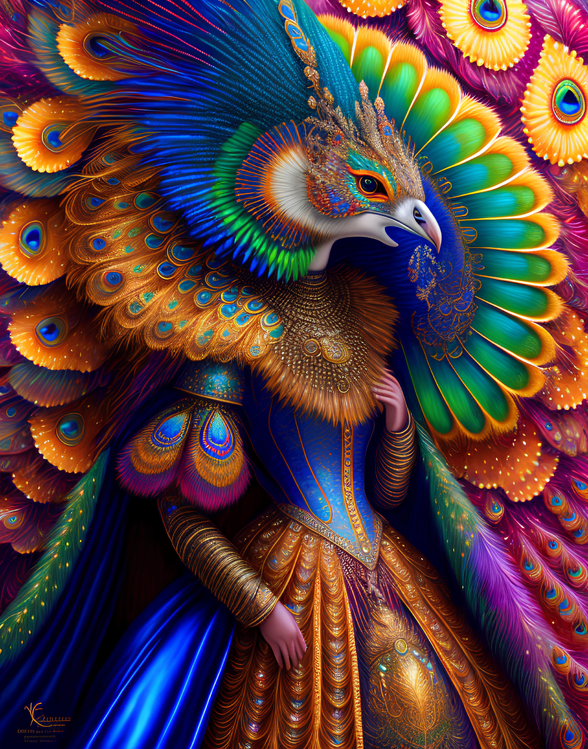 Colorful peacock-themed figure illustration with intricate patterns