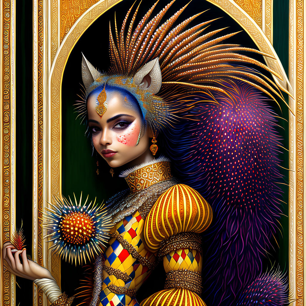 Colorful Stylized Portrait of Person with Cat-Like Features and Peacock Feather Accents