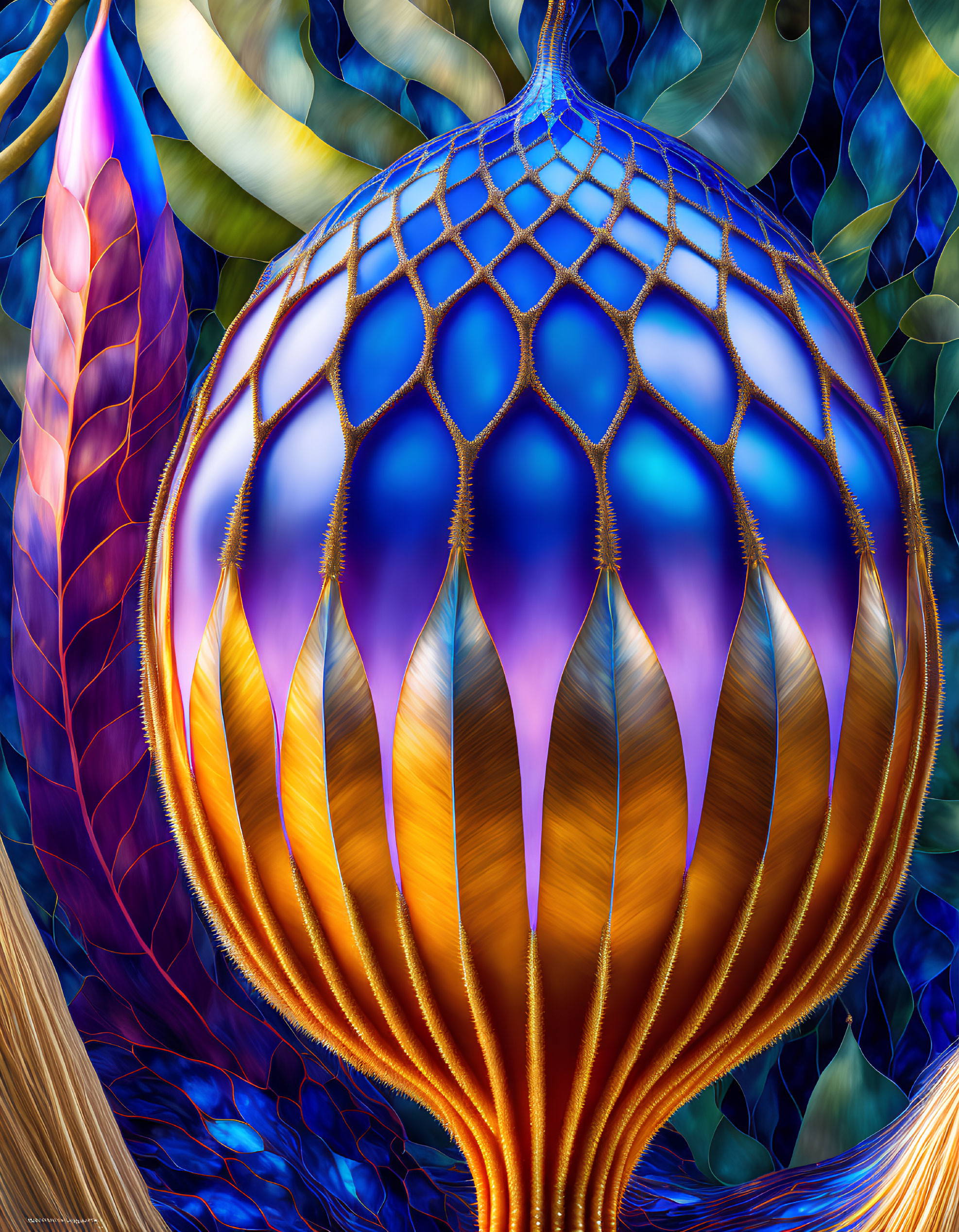 Colorful digital artwork with central spherical shape and abstract forms in blue, gold, and purple.