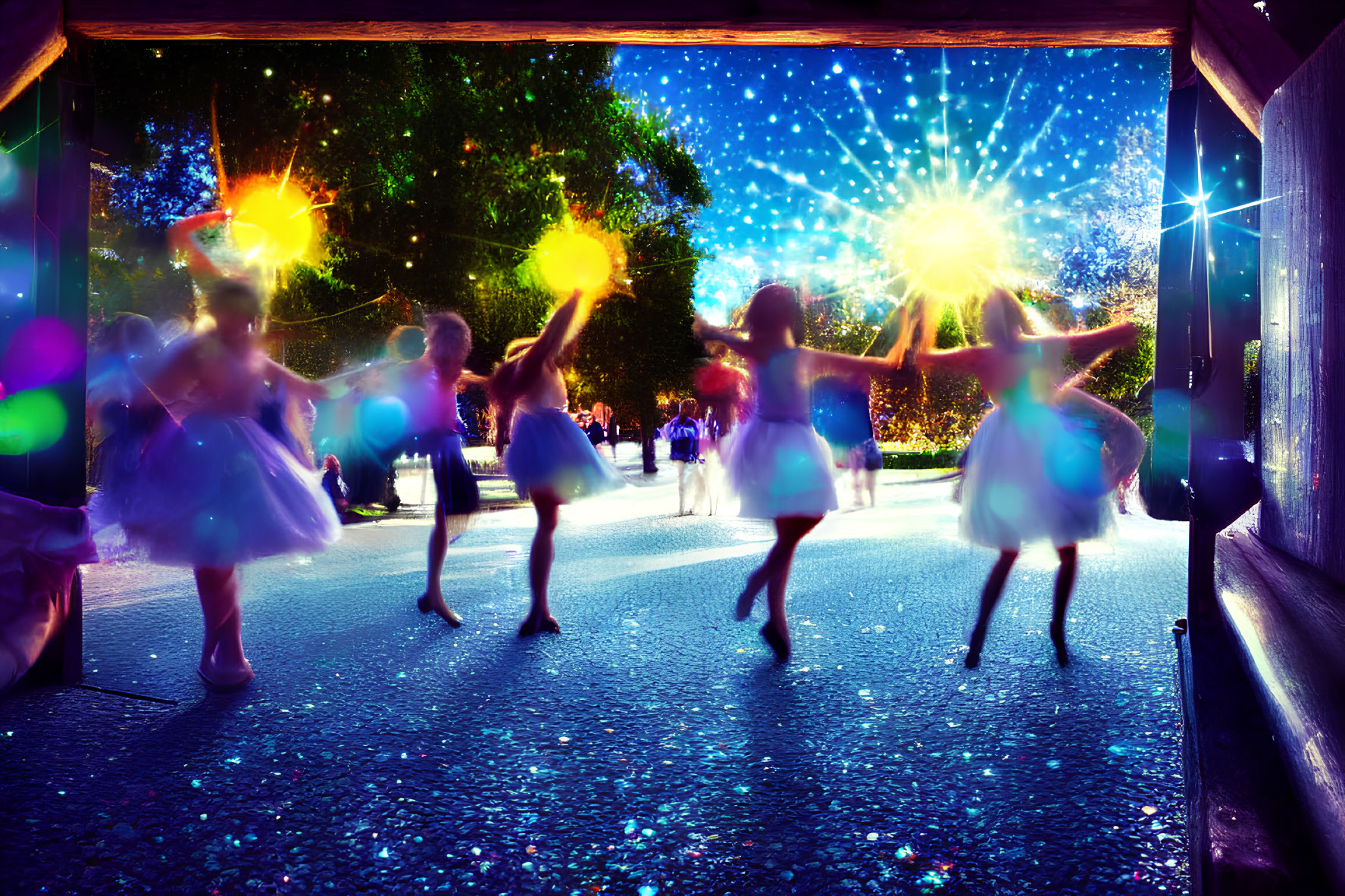 Children dancing in tutus under gazebo with colorful lights and fireworks