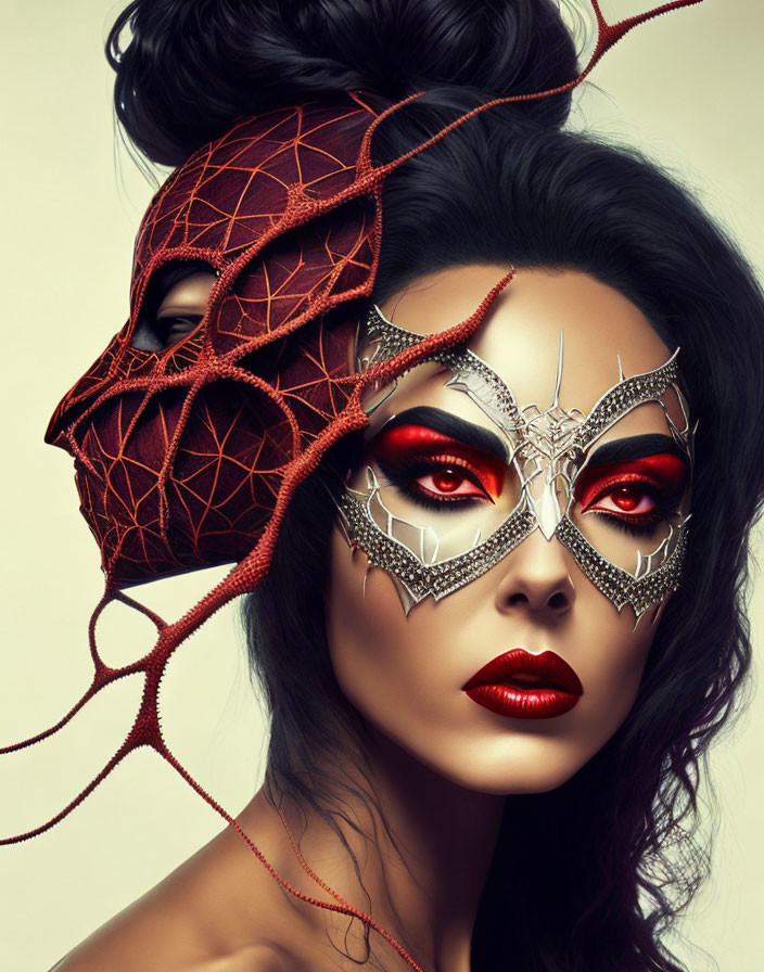 Woman showcasing red and silver decorative masquerade mask with feathers