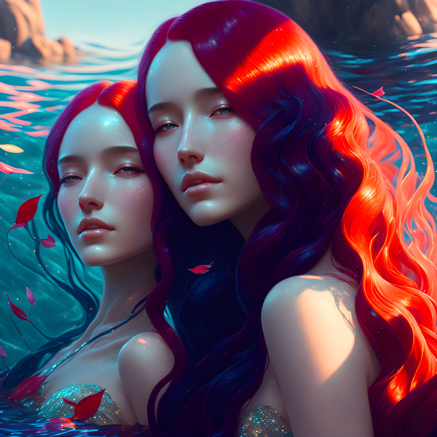 Vibrant red-haired women submerged in water with colorful reflection and rocky backdrop