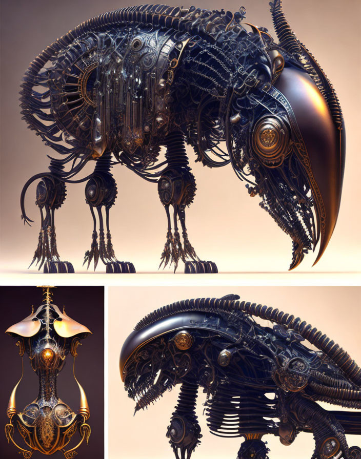 Steampunk-themed mechanical bird and alien sculptures with intricate gear and wire assembly