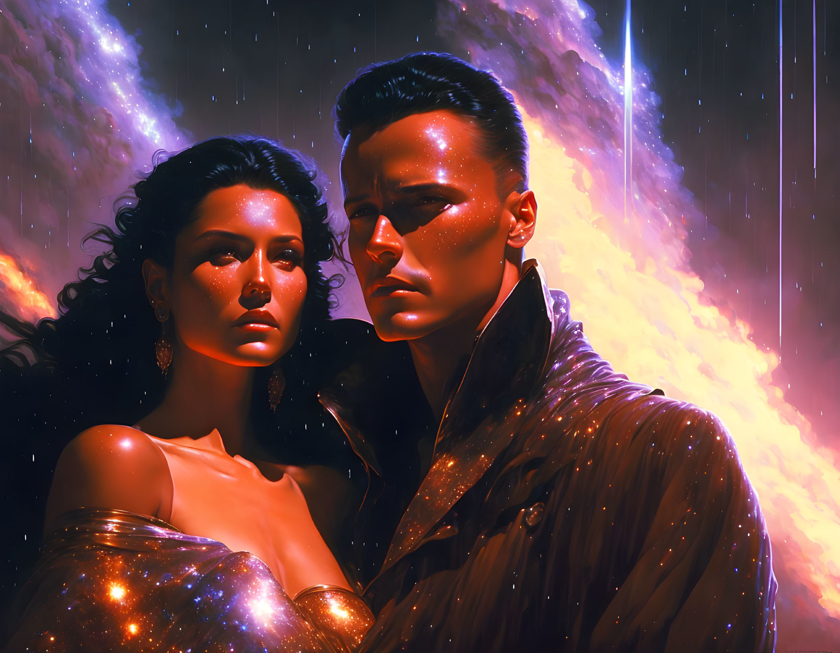 Celestial-themed digital painting of man and woman embraced by stardust