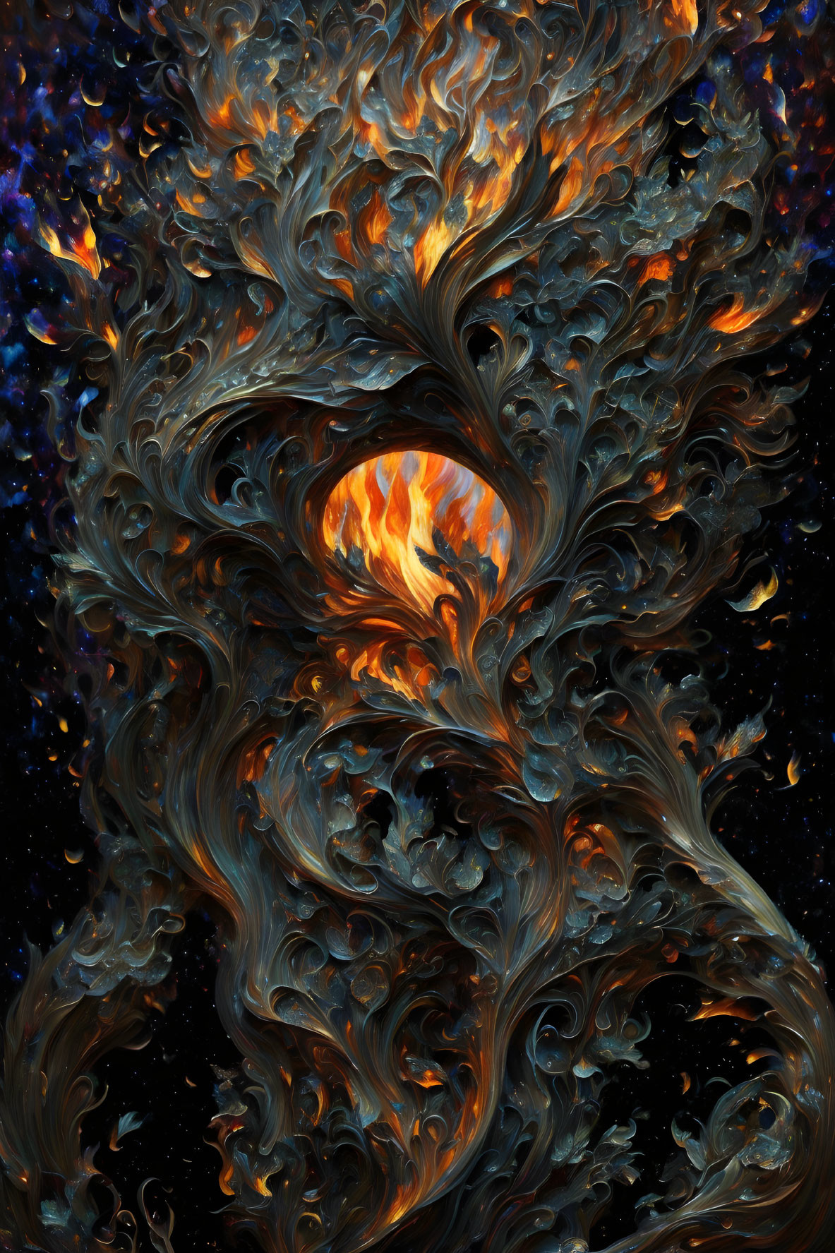 Colorful swirling fiery patterns on dark cosmic backdrop