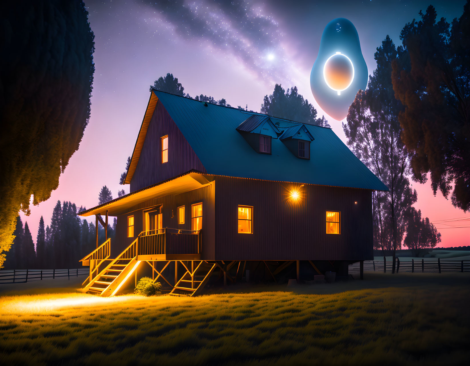 Red barn house under starry night sky with glowing eclipse