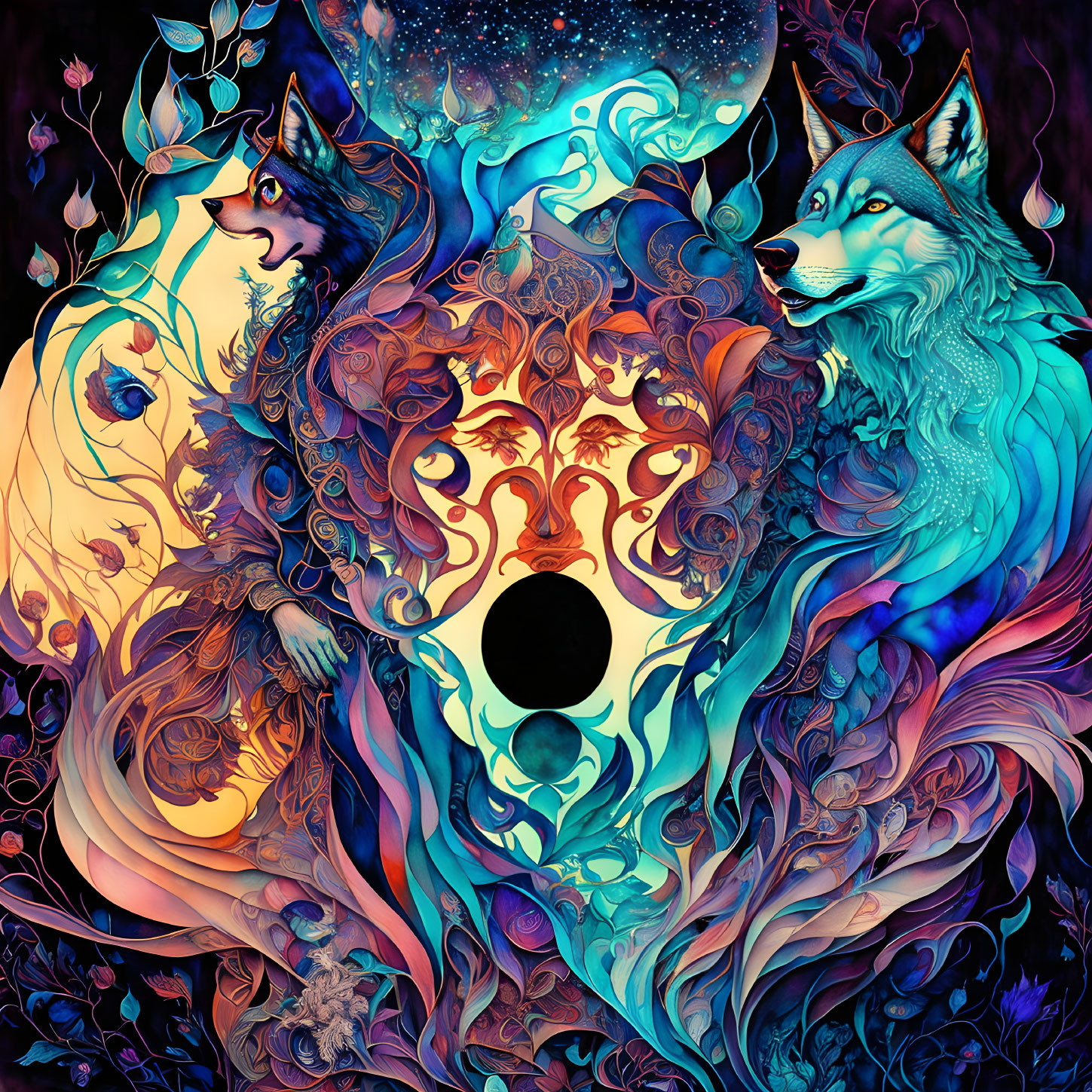 Colorful Artwork: Two Wolves with Sun and Moon on Dark Background