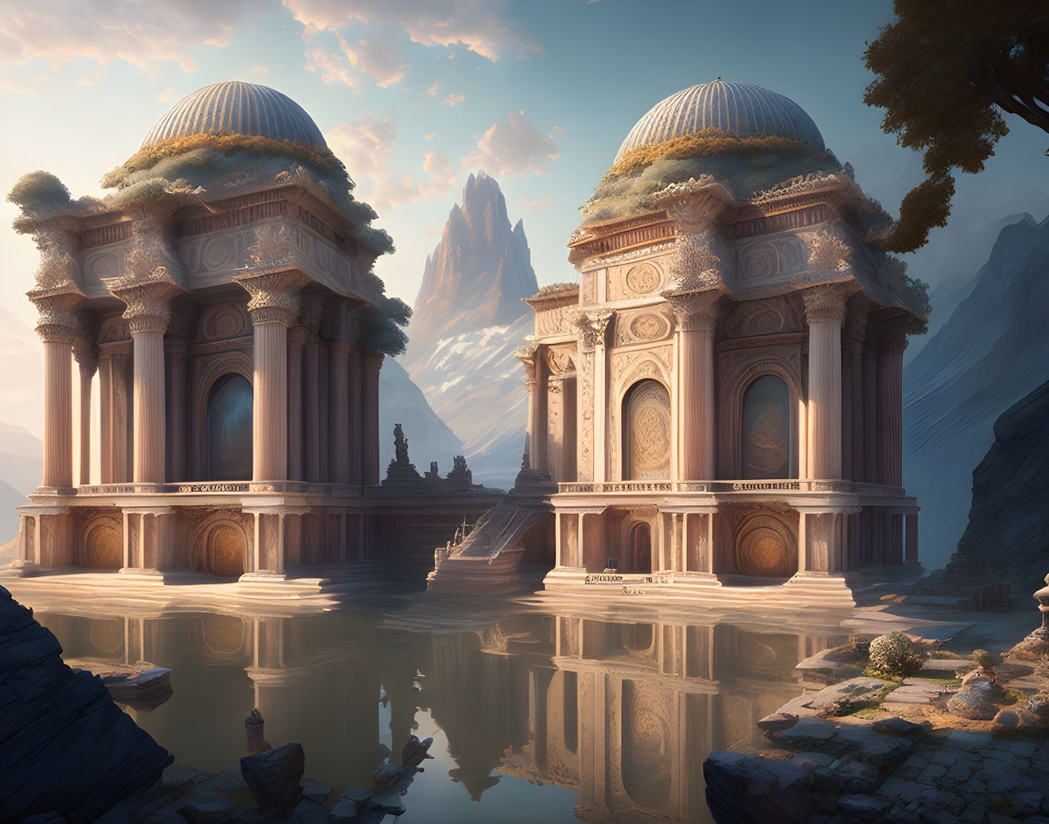 Ornate Classical Temples by Serene Lake and Rocky Cliffs