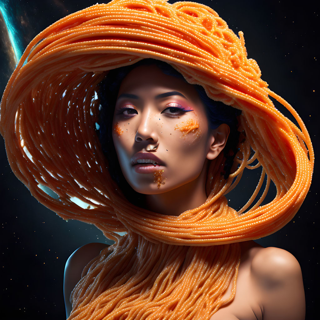 Woman's Portrait with Swirling Orange Strands and Cosmic Background