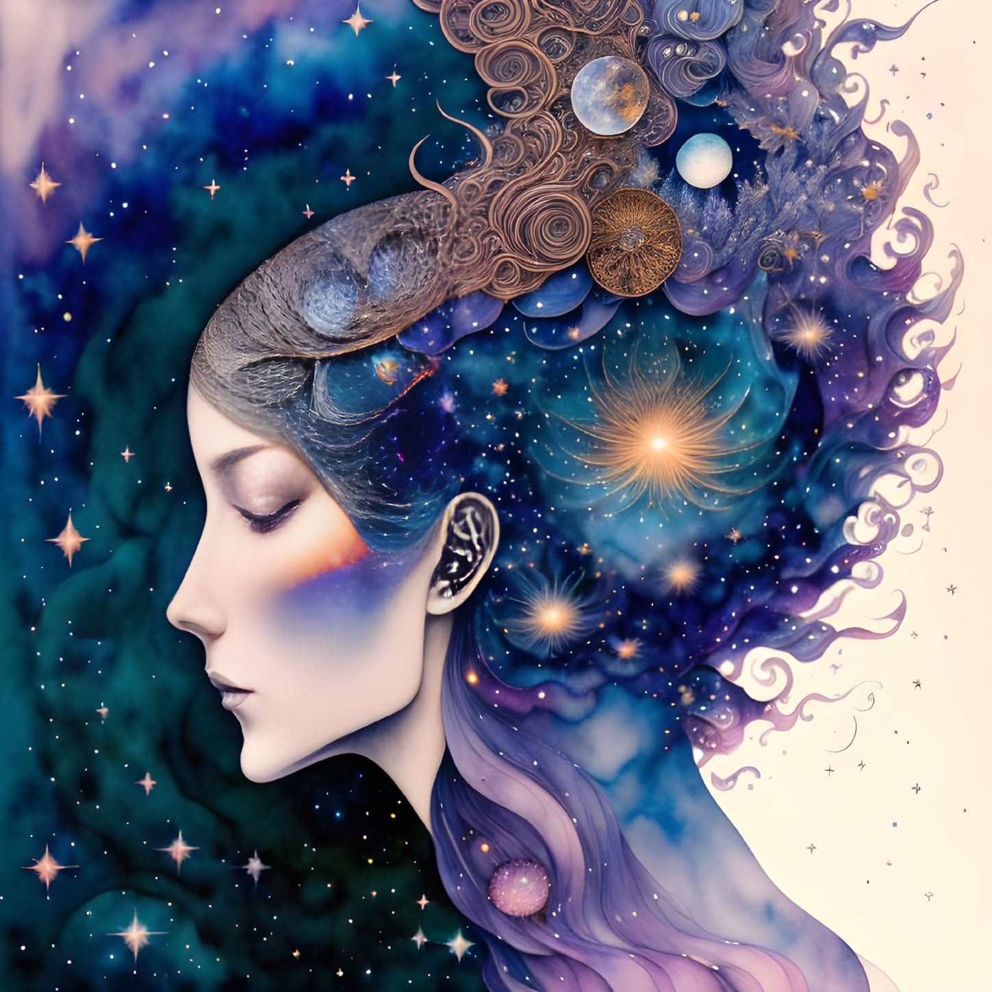 Woman with Cosmic-Themed Hairstyle in Space Backdrop