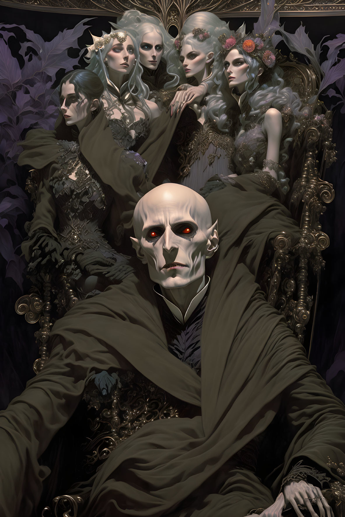 Pale, Bald Figure with Glowing Red Eyes Surrounded by Regal Women in Gothic Setting