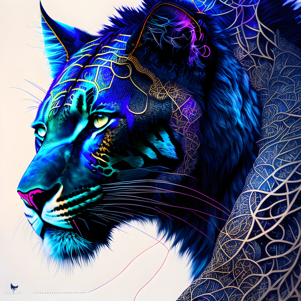 Blue-hued jaguar digital artwork with intricate geometric patterns