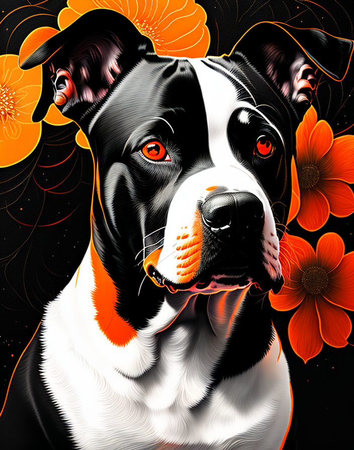 Colorful illustration of black and white dog with orange highlights among flowers